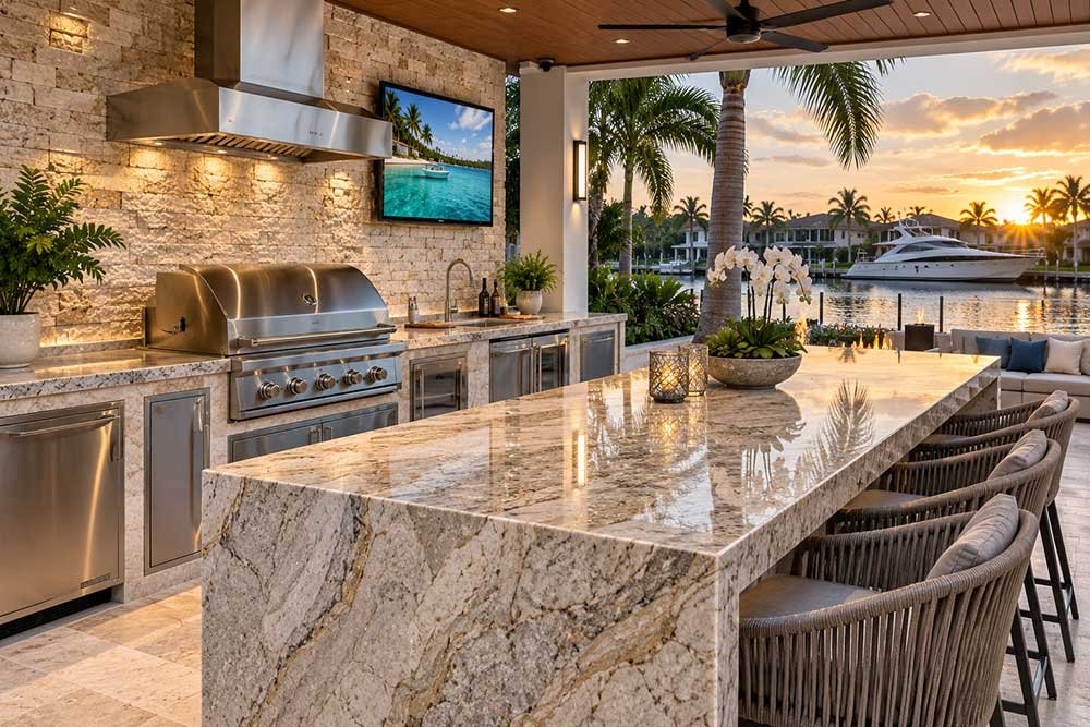 Luxury South Florida outdoor kitchen with natural stone countertops