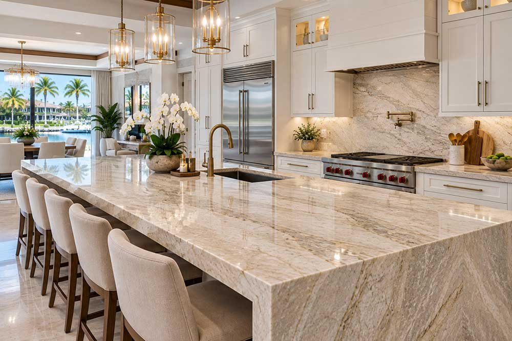 Taj Mahal quartzite kitchen countertop in a South Florida luxury kitchen