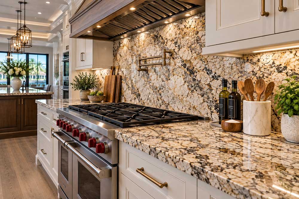 Natural stone countertop near cooktop in an upscale South Florida kitchen