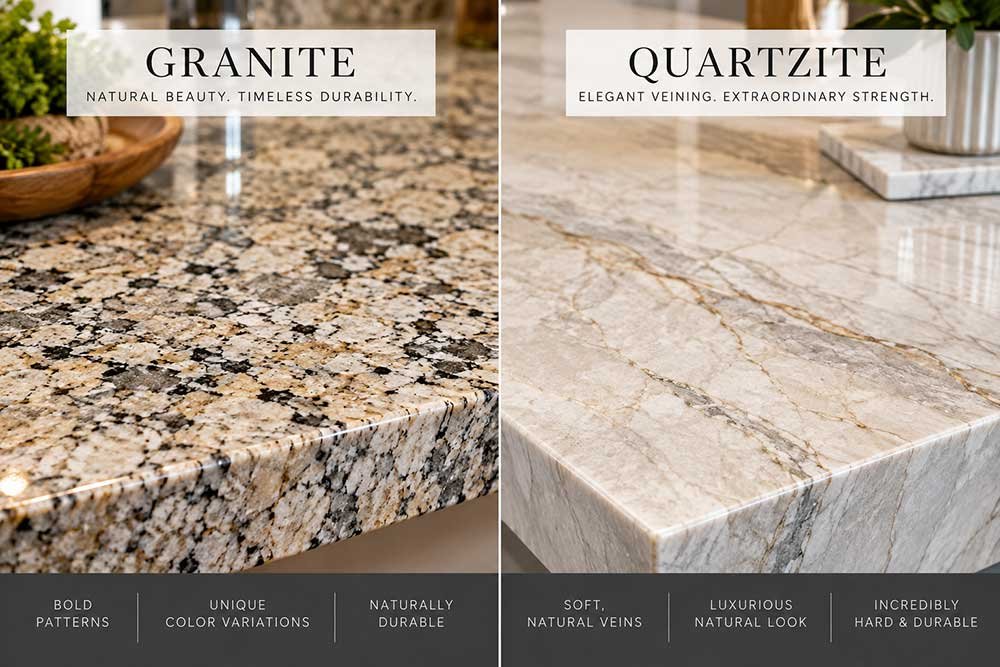 Granite pattern compared with quartzite veining for South Florida kitchen countertops