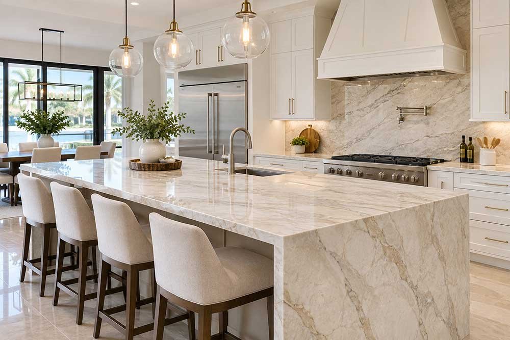 Light quartzite kitchen countertop with natural veining for a South Florida home