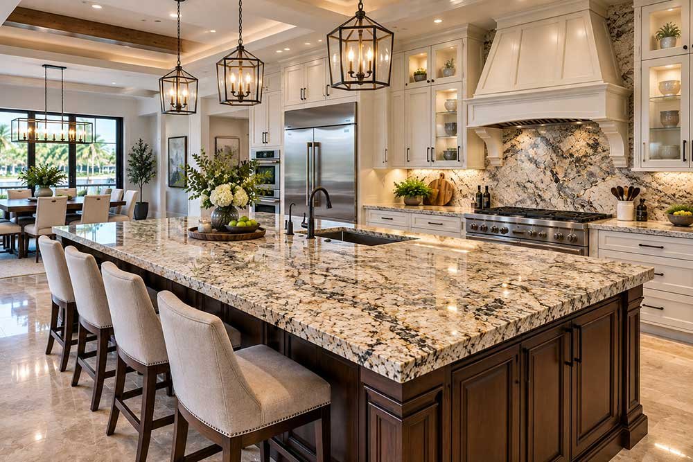 Durable natural stone kitchen island countertop in a Broward County Florida home